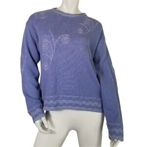 Icelandic Design Sz LG Purple Crew Neck Embroidered Linen Cotton Granny Sweater